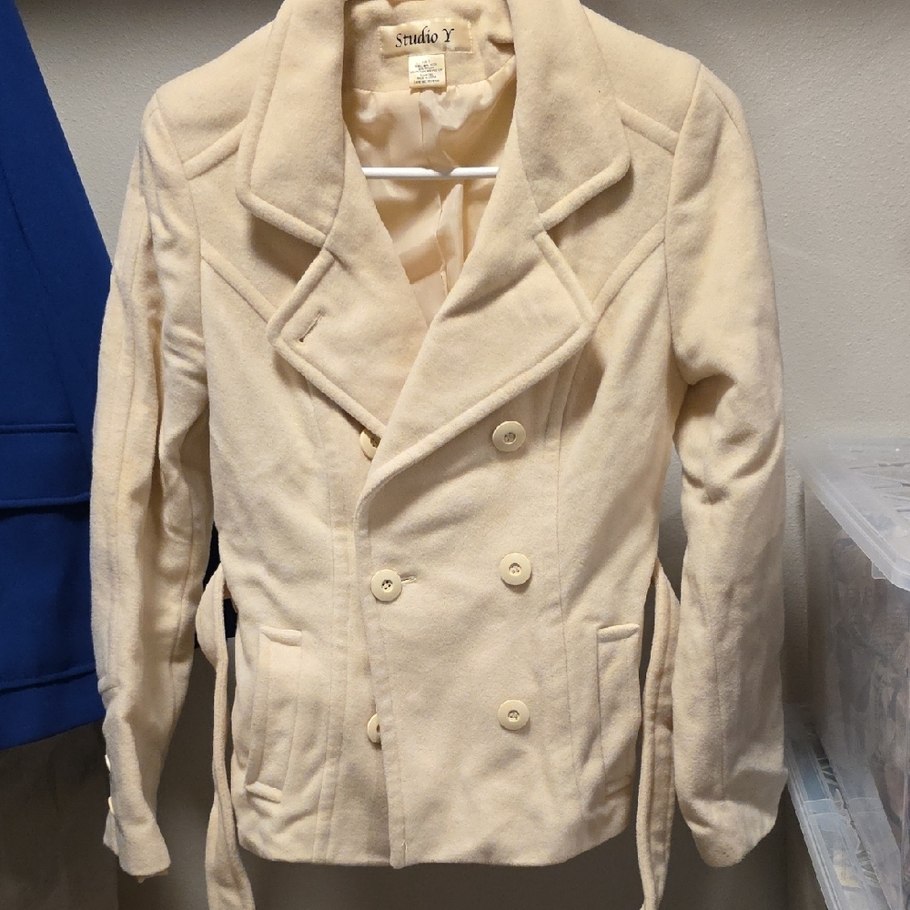Studio Y Beige Double-breasted Pea Coat With Belt Size Small